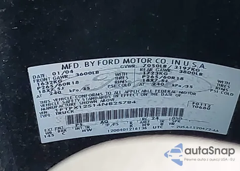 2004 Ford F-150 Lariat/Xl/Xlt z USA, uszkodzony, nr VIN 1FTPX12514NB25784